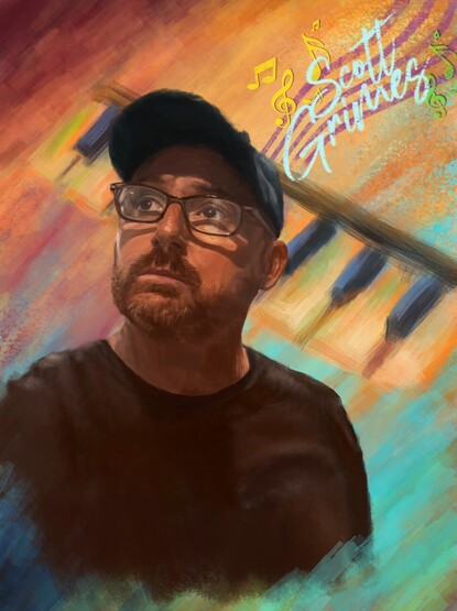 A portrait of Scott Grimes.  Painted in Krita from a selfie reference.  Scott appears in a three-quarter shot, looking up to the his right corner of the camera; he wears a baseball cap, glasses and a brown t-shirt, on a very colorful background added by me, with redish, bluish, yellowish tones and a very outlined keyboard with musical signs and his name on it.