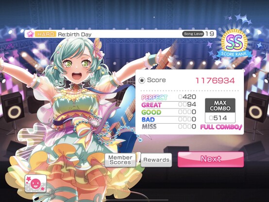 Bang Dream Girls Band Party game, end of song results: Full combo, with a max combo of 514, broken down into 420 perfects and 94 greats. Zero good, bad, or miss.