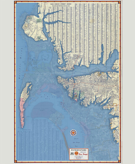 Vintage Shell gas station map of San Diego with 66m sea level rise 