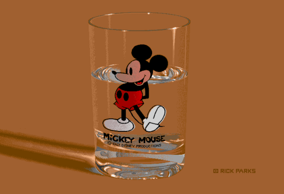 16-color pixel art painting by Rick Parks in Deluxe Paint on Amiga. The image depicts a half-full water glass with a screen-printed image of Mickey Mouse on the front. Mickey has red shorts and white shoes. There is dramatic low lighting which casts a shadow across the canvas. The image looks photographic in nature. If you zoom in, you can actually see the image was painstakingly created by hand with a very limited palette. 