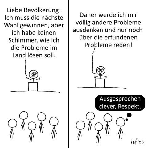 Comic. Ein Politiker hält eine Rede und sagt: "Liebe Bevölkerung! Ich muss die nächste Wahl gewinnen, aber ich habe keinen Schimmer, wie ich die Probleme im Land lösen soll. Daher werde ich mir völlig andere Probleme ausdenken und nur noch über die erfundenen Probleme reden!" Einer der Zuhörer denkt: "Ausgesprochen clever, Respekt."