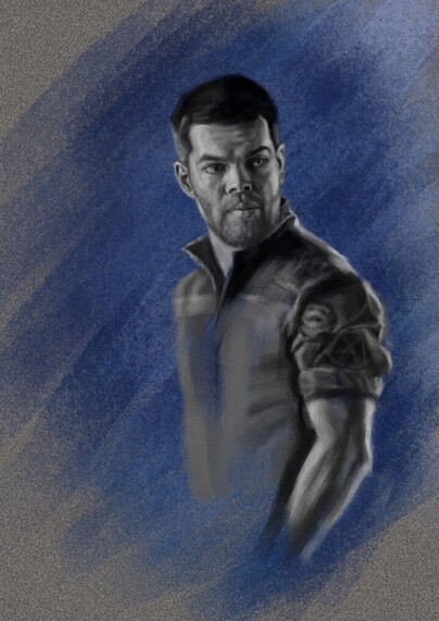 An old and first attempt to portray Amos Burton (Wes Chatham) from the series The Expanse.  Not perfect.  Painted digitaly in Krita in black and white, with a bluish background over a grey canvas.  He is standing from side, a bit turned toward the camara, hands in his pocket, looking slightly backwards.