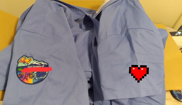Photo of box of linen shirts, patches on the shoulders neatly applied. Text on patches: Girl Scouts of (scribble, it should be an easy guess what with the golden poppy, Redwood twig etc)