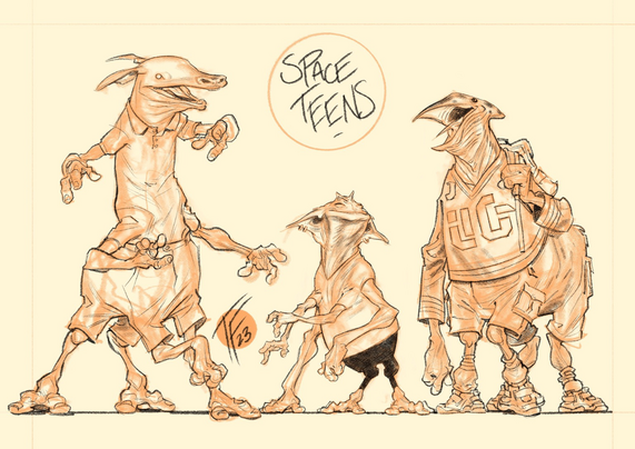 Drawing of a group of alien teens.