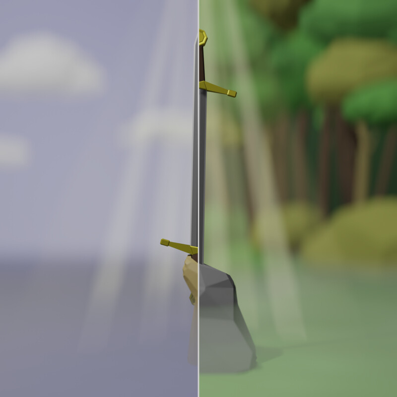 A split image showing a sword held aloft from the waters of a lake on the left, and a sword pointing down into a stone in a forest on the right. The split runs down the middle of each sword, giving an opposing mirror effect.