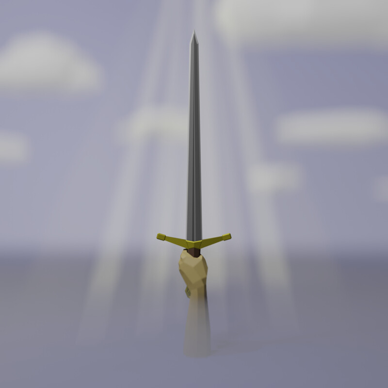 A low poly scene showing a sword being held aloft by a hand emerging from flat water beneath a cloud-filled sky. Rays of light shine down from above