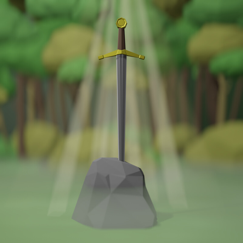 A low poly scene showing a sword thrust into a stone, standing alone in a forest. Rays of light shine down from above