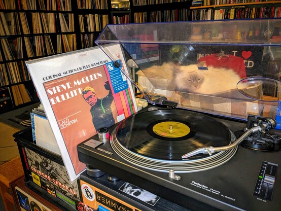 Lalo Schifrin's Bullitt Soundtrack vinyl playing
on a technics turntable. cover with Steve McQueen to the left. two cats sleeping behind it. vinyl & cd walls in the background.  