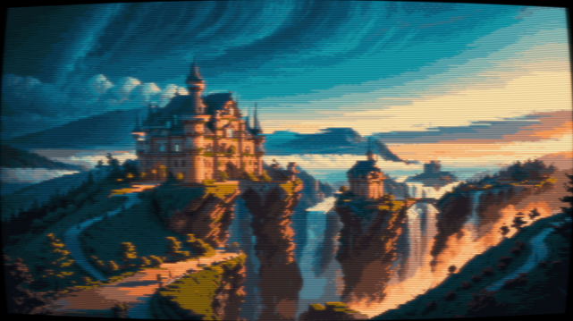 Pixel art of a grand and regal castle, its spires reaching skywards, sitting atop a jagged, weather-beaten cliff. The castle's stone facade, weathered by centuries, stands in stark contrast to the verdant vegetation creeping up its sides. Adjacent to it, a mighty waterfall plunges down the cliff face, its frothy white waters creating a misty veil, adding a touch of mystery to the scene. This ethereal landscape is bathed in the soft, mellow glow of a summer morning light, casting long, dramatic shadows and painting the scene with a palette of warm hues. The castle, bathed in this celestial light, transforms into an illusion of a cloud palace, suspended in the sky. It's a vision that seems to have leaped out of the pages of a fantasy novel, conjuring up images of mythical creatures, gallant knights, and epic tales of yore. The image has a CRT filter applied.