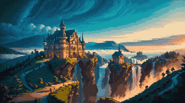Pixel art of a grand and regal castle, its spires reaching skywards, sitting atop a jagged, weather-beaten cliff. The castle's stone facade, weathered by centuries, stands in stark contrast to the verdant vegetation creeping up its sides. Adjacent to it, a mighty waterfall plunges down the cliff face, its frothy white waters creating a misty veil, adding a touch of mystery to the scene. This ethereal landscape is bathed in the soft, mellow glow of a summer morning light, casting long, dramatic shadows and painting the scene with a palette of warm hues. The castle, bathed in this celestial light, transforms into an illusion of a cloud palace, suspended in the sky. It's a vision that seems to have leaped out of the pages of a fantasy novel, conjuring up images of mythical creatures, gallant knights, and epic tales of yore.