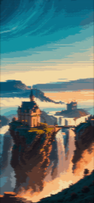 Phone wallpaper version of a pixel art of a grand and regal castle, its spires reaching skywards, sitting atop a jagged, weather-beaten cliff. The castle's stone facade, weathered by centuries, stands in stark contrast to the verdant vegetation creeping up its sides. Adjacent to it, a mighty waterfall plunges down the cliff face, its frothy white waters creating a misty veil, adding a touch of mystery to the scene. This ethereal landscape is bathed in the soft, mellow glow of a summer morning light, casting long, dramatic shadows and painting the scene with a palette of warm hues. The castle, bathed in this celestial light, transforms into an illusion of a cloud palace, suspended in the sky. It's a vision that seems to have leaped out of the pages of a fantasy novel, conjuring up images of mythical creatures, gallant knights, and epic tales of yore. The image has a CRT filter applied.