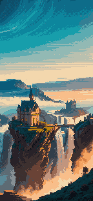 Phone wallpaper version of a pixel art of a grand and regal castle, its spires reaching skywards, sitting atop a jagged, weather-beaten cliff. The castle's stone facade, weathered by centuries, stands in stark contrast to the verdant vegetation creeping up its sides. Adjacent to it, a mighty waterfall plunges down the cliff face, its frothy white waters creating a misty veil, adding a touch of mystery to the scene. This ethereal landscape is bathed in the soft, mellow glow of a summer morning light, casting long, dramatic shadows and painting the scene with a palette of warm hues. The castle, bathed in this celestial light, transforms into an illusion of a cloud palace, suspended in the sky. It's a vision that seems to have leaped out of the pages of a fantasy novel, conjuring up images of mythical creatures, gallant knights, and epic tales of yore. 