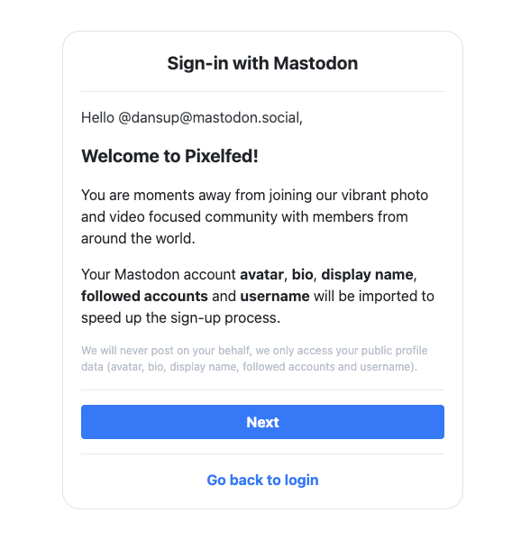 Pixelfed Sign-in with Mastodon