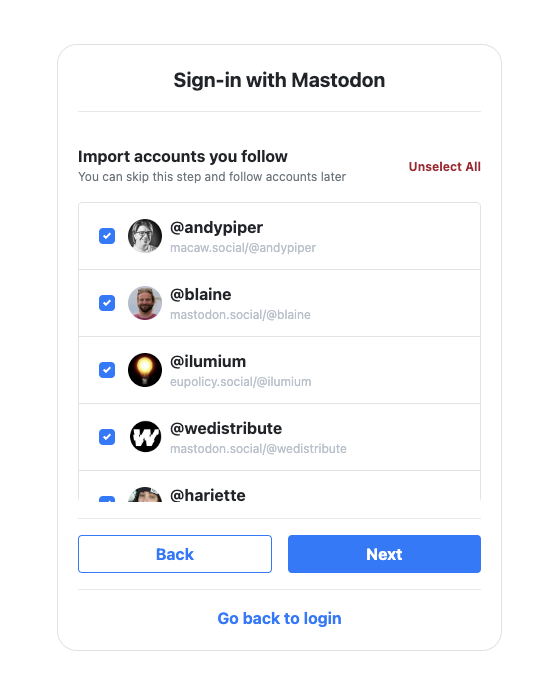 Pixelfed Sign-in with Mastodon, select accounts to follow