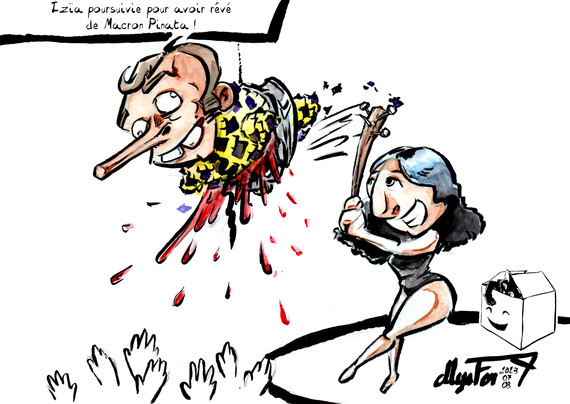 Dessin de MysterTy : Izïa Higelin poursuivie pour avoir rêvé de jouer à la pinata avec Macron.

Sur le dessin, Izïa explose une pinata en forme de Macron à l'aide d'un gourdin clouté. Une gerbe de sang arrose le publique qui profite du spectacle.