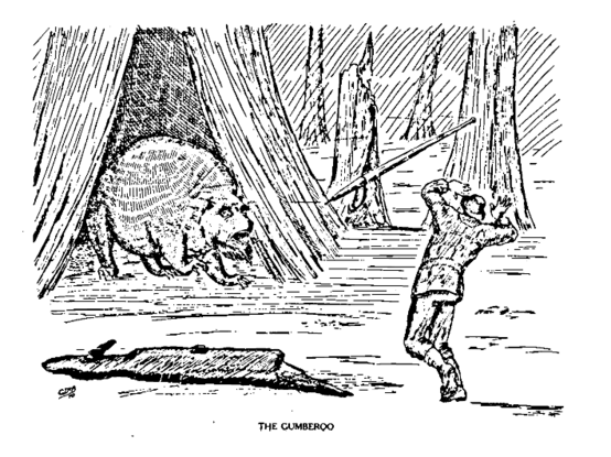Illustration of a man coming face to face with the fearsome bear-like gumberoo