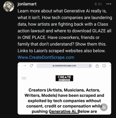 Thread screenshot:

@jonlamart

Learn more about what Generative Ai really is, what it isn’t. How tech companies are laundering data, how artists are fighting back with a Class action lawsuit and where to download GLAZE all in ONE PLACE. Have coworkers, friends or family that don’t understand? Show them this. Links to Laion’s scraped websites also below. Www.CreateDontScrape.com