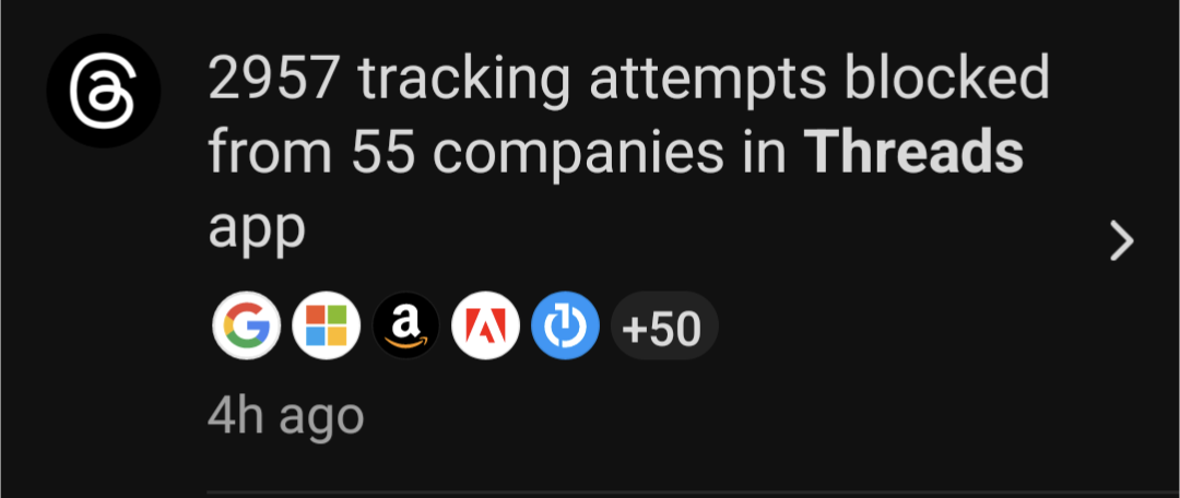 2957 tracking attempts blocked from 55 companies in Threads app