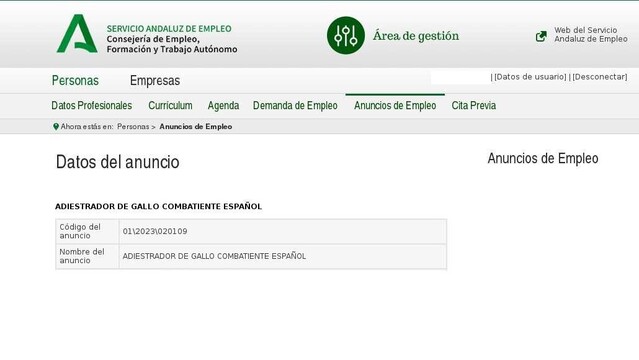 Adiestrador de Gallo Combatiente español Oferta del Servicio Andaluz de Empleo.