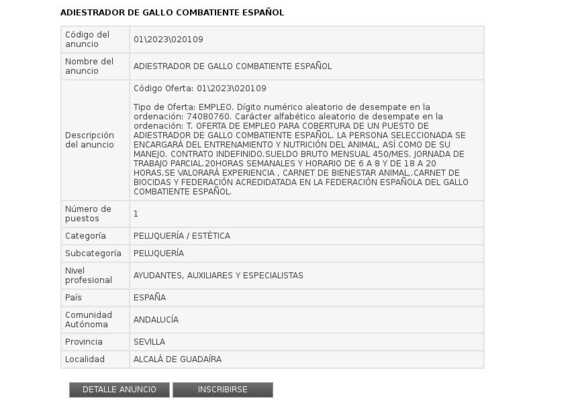 Adiestrador de Gallo Combatiente español Oferta del Servicio Andaluz de Empleo. Detalle