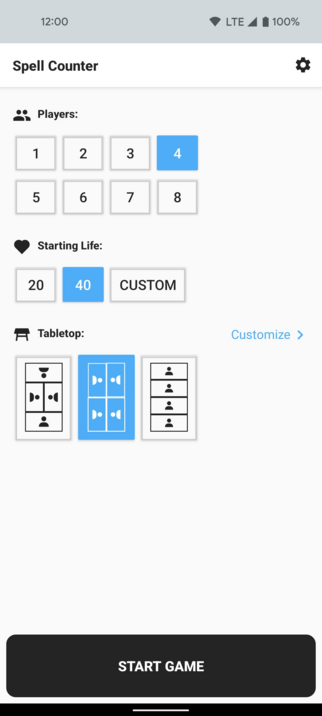 Interfaz (en inglés) de la aplicación de móvil SpellCounter, con selectores para el número de jugadores, la cantidad de puntos de vida y la composición de los contadores.