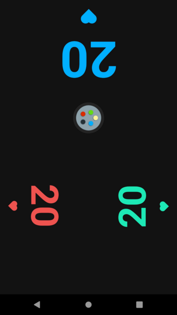 Muestra en modo oscuro de la distribución de los contadores, de 20 puntos de vida cada uno, en varios colores (azul, rojo y verde claro).