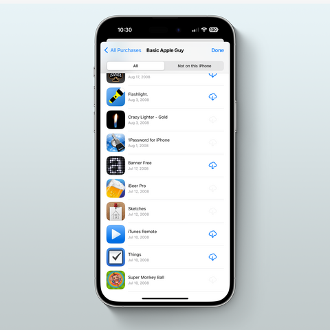 Screenshot of first apps purchased on Apple App Store