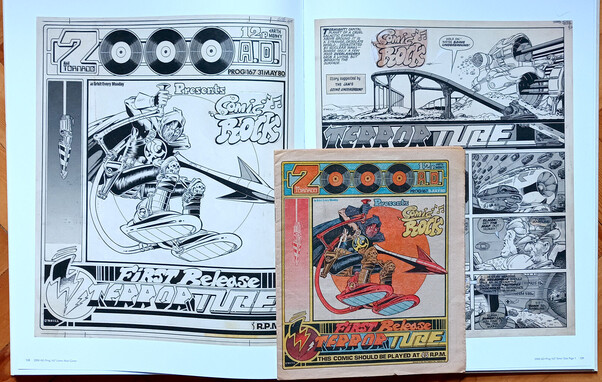 Kevin ONeill Apex Edition spread featuring prog 167, another one of the best covers ever printed with the main logo replaced by unique design just for this story. The Terror Tube story that introduced Termight, the capital planet of a cruel galactic empire, from Nemesis The Warlock.