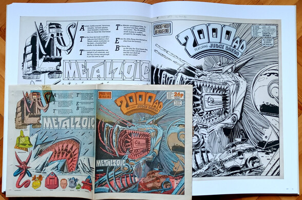 Kevin ONeill Apex edition spread featuring the Metalzoic fold out cover, introducing the main robot characters from the story. As the story was originally made for DC these covers were new at the time for the 2000ad version. It was also printed in black and white artwork. This is the best way to see the work.