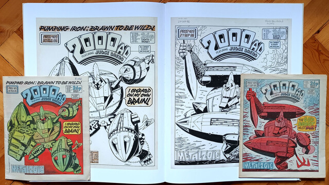 Kevin Oneill Apex edition spread with original covers for prog 485 and 489, both featuring the main character, the 
gorilla robot named Armageddon