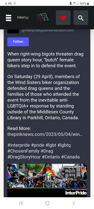 A post from Mastodon @interpride showing female bikers of the Wind Sisters biker organization protecting drag story time performers in the library in Parkhill, Ontario, Canada.