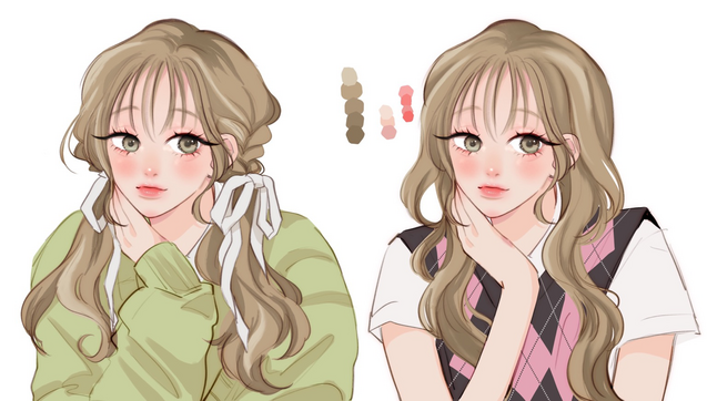 a drawing of my OC, Tida. She has doe eyes, her hair is dyed into light brown. The two portraits show her with different tops and hairstyle. 