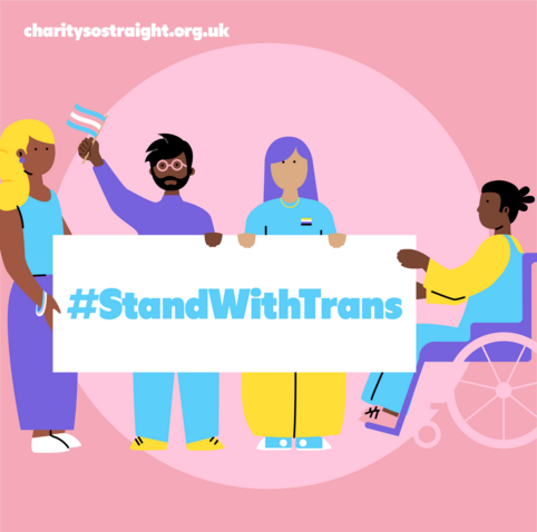 graphic of four people holding a banner that reads #StandWithTrans