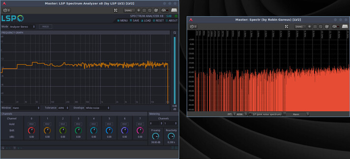 Spectrum Analyzer read-out, Calf X-Over 4-Band, Linkwitz-Riley 4th order.