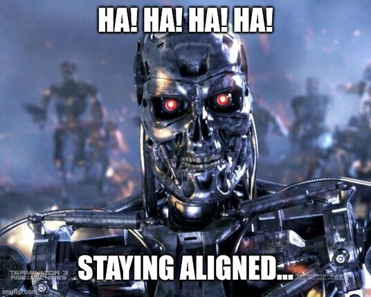 Picture of Skynet robot from movie the terminator  with the caption " ha ha ha,  staying aligned"