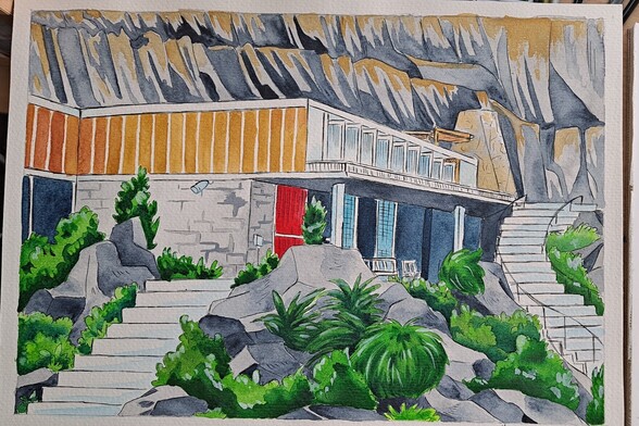 A painting of Tracy Island from the original 60s tv show, done with Kuratake watercolours.