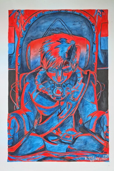 Painting of my Hybrid version of John Tracy inside the cockpit of Thunderbird Four with the power out & emergency warning lights on. Colours are Kuratake watercolours