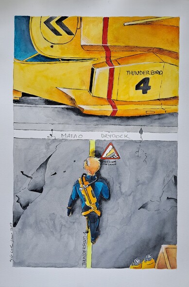 Done for the 'Akira movie poster challenge' on twitter, I recreated the iconic motorbike approach  but with my Hybrid version of John approaching Thunderbird 4. Painted with Kuratake watercolours & line art with indian ink