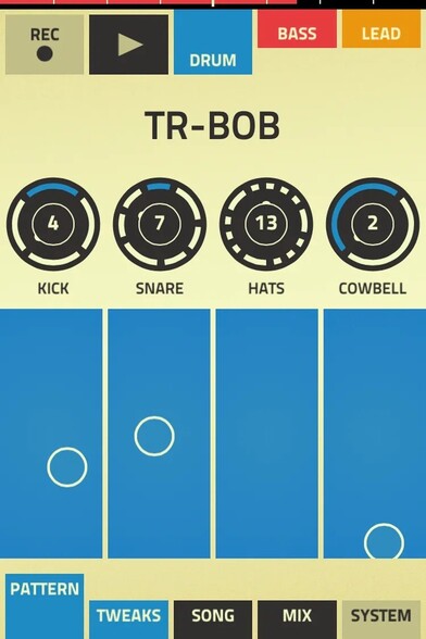 Figure, developed by Propellerhead, creators of Reason

Drum machine screen, highlighted in blue. Control the kick, snare, hats, and cowbell dragging your finger along a tall blue rectangular bar