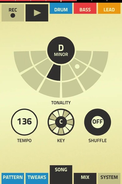 Figure, developed by Propellerhead, creators of Reason

Song screen, D Minor is selected and allows you to change the tempo, key, and if you want it to shuffle