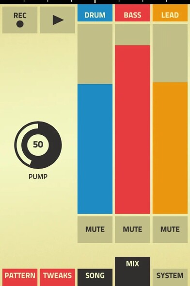 Figure, developed by Propellerhead, creators of Reason

Mix screen. Control the drum volume level (blue), Bass (red), and Lead (orange) dragging your finger along corresponding colored tall rectangular bars.