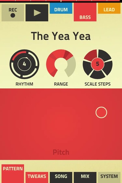 Figure, developed by Propellerhead, creators of Reason

Bss machine screen, highlighted in red. Control the rhythm, range, hats, and scale steps by dragging your finger along a large red block rectangle for the pitch.