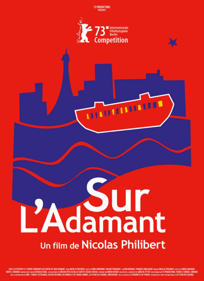 Movie poster: Red background with paper cut styled blue forms showing a river and a skyline. A red colored ship is swimming along the river.
Below the title in white letters: "Sur L'Adamant"