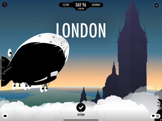 Screenshot of arriving back in London in 96 days instead of the required 80. 