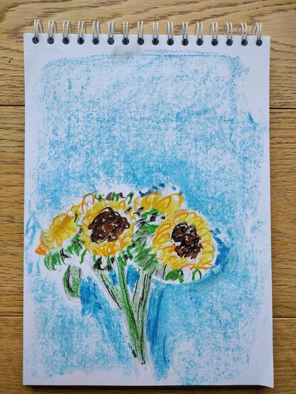 Crayon drawing of bouquet of sun flowers.