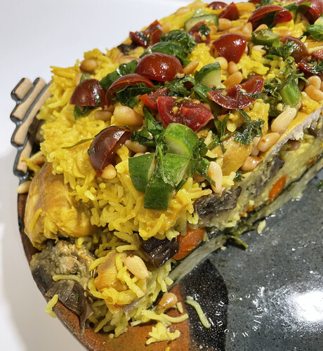 Another close-up view of the layers of the Upside Down Chicken, as previously described in other photos. You can see all the different layers here. The dish is sitting on a glazed ceramic planter I've had for more than 30 years. 