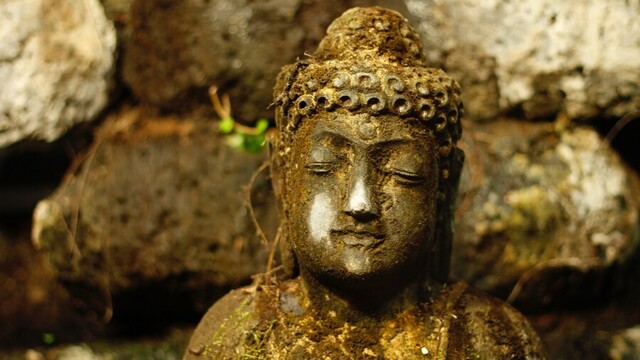 An old, moss covered Buddha statue.