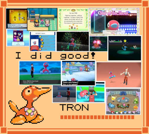 A collage of various moments from across the mainline Pokemon games featuring a Porygon2 named TRON and their trainer.