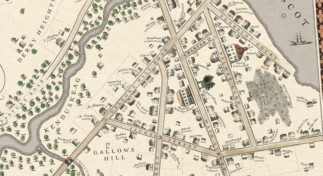 A map of the township of Derry Maine, circa 1740, done in the style of Thomas Kensett.
