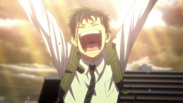 Akira Tendou celebrating not having to go back to work from the anime series Zom 100: Bucket List of the Dead Episode 1.
